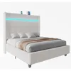 Queen Bed Frame with LED Lights, Corduroy Upholstered With 60" Tall Wingback Headboard and Charging Station, Beds Frames 2