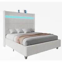 Queen Bed Frame with LED Lights, Corduroy Upholstered With 60" Tall Wingback Headboard and Charging Station, Beds Frames 2