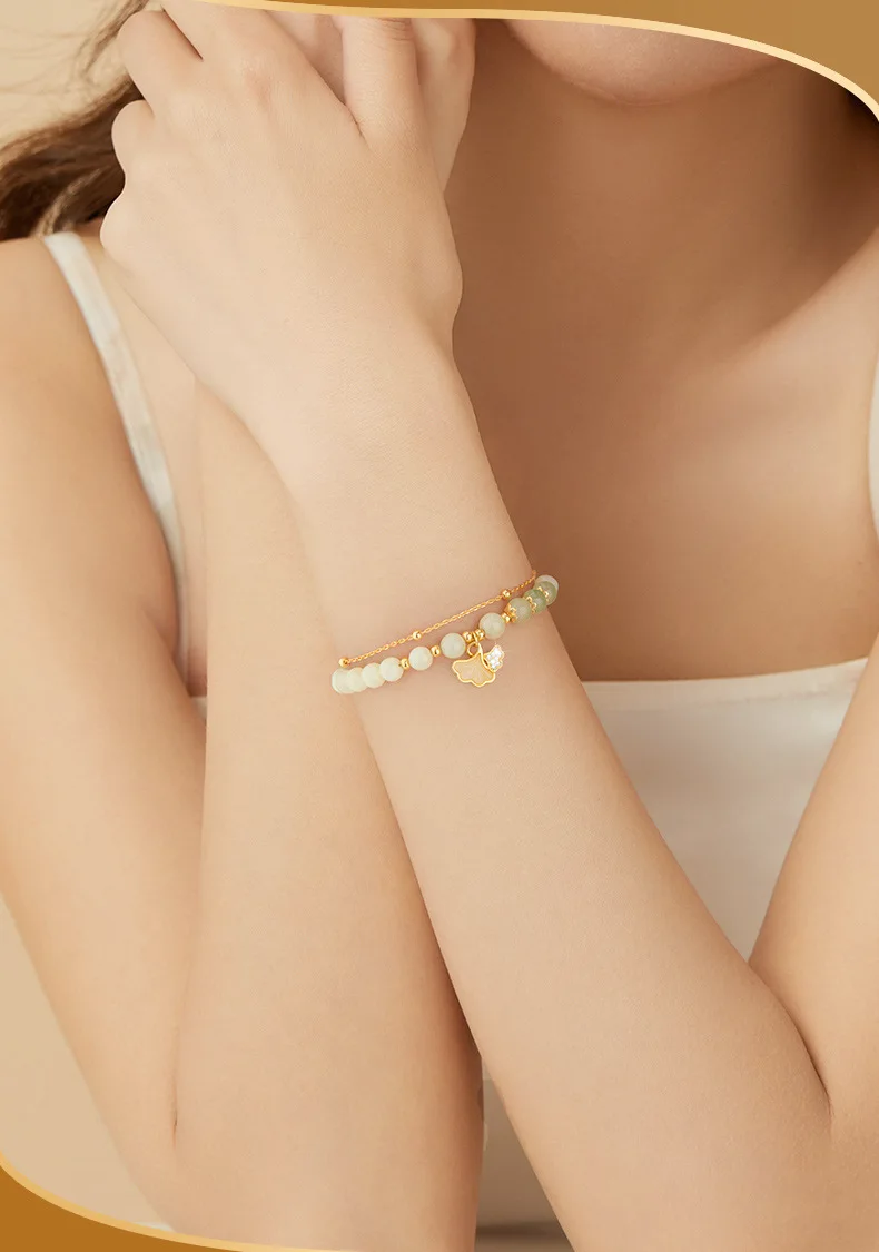 Hetian Jade Ginkgo Doppelschicht-Armband, eleganter, luxuriöser, handgefertigter Schmuck für Frauen, Premium-Geschenkauswahl, S925-Sterlingsilber – Detail 7