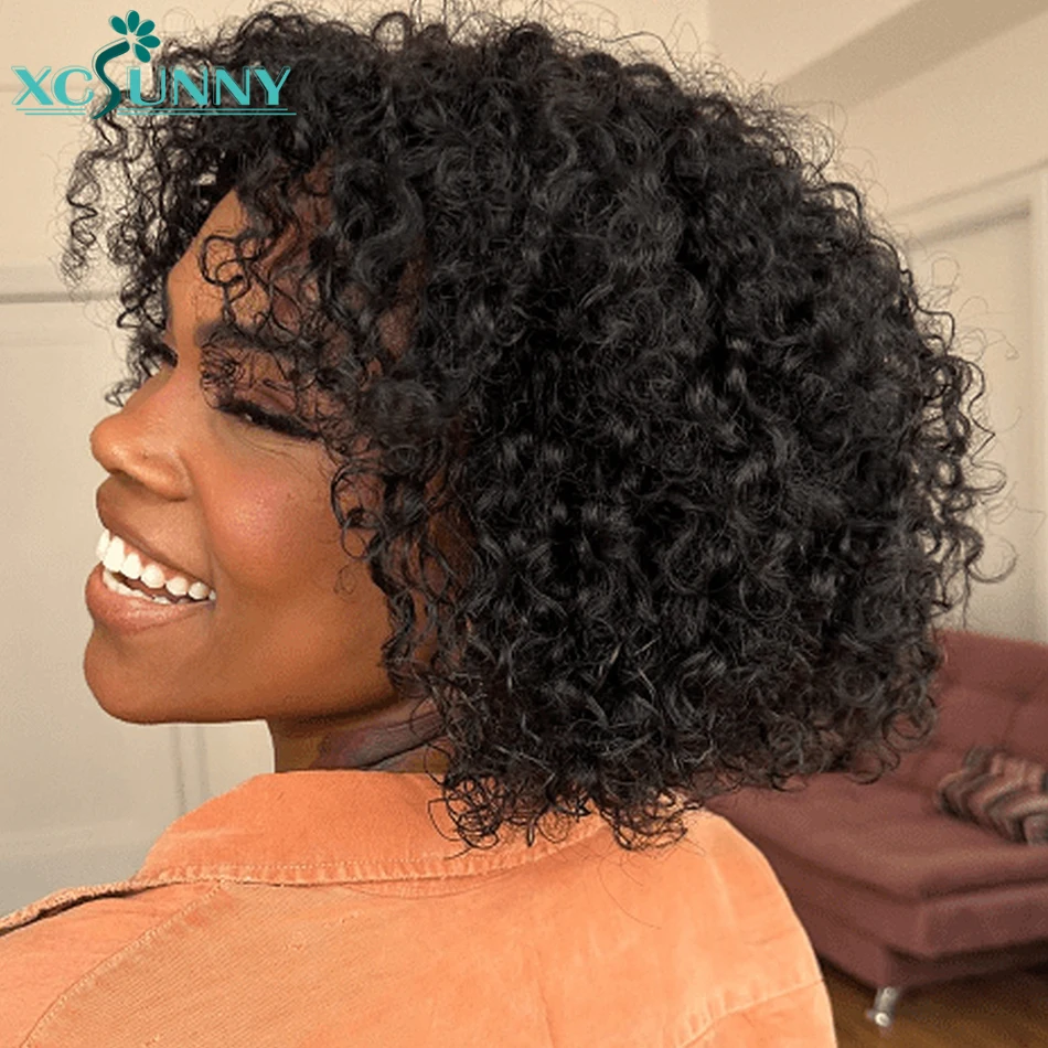 

Curly Bob Wigs Human Hair Machine Made Scalp Top Wig Short Bob Human Hair Wigs With Bangs Glueless For Black Women 200 Density