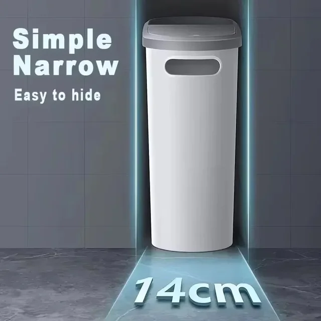 Trash Bin with Lid Plastic Space Saving Press Type Silent Closed Garbage Cans Large Capacity Household Gap Trash Garbage Bin 4