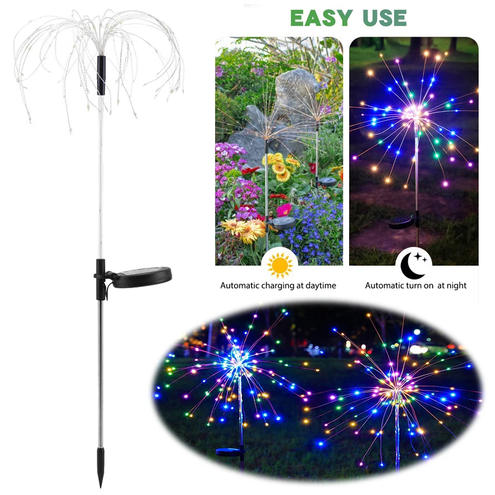 2Pcs LED Sparklers Firework Lamp Solar Fairy Light Waterproof Solar Starburst Lights for Yard Patio Pathway Lawn Flowerbed Decor