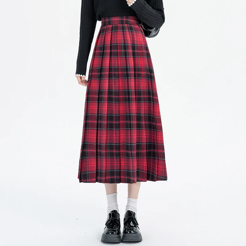 

New Women Autumn Winter Plaid Woolen Skirt Fashion Simplicity High Waist Loose Long Skirt Casual Stretch Waist A-Line Skirt