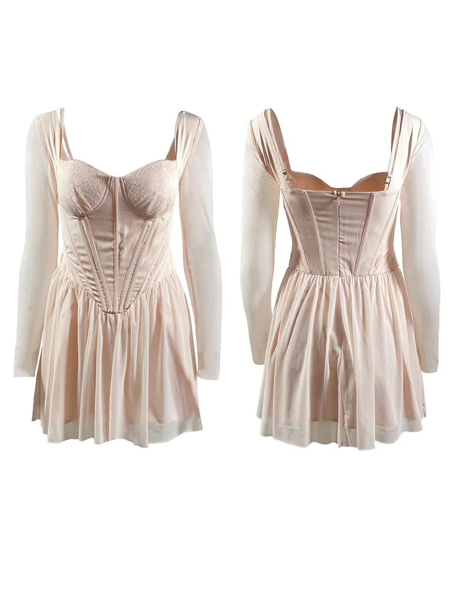 

Louatui Women s Summer Corset Dress Low Cut Lace Floral Long Sleeve Backless Slim Mini Dress