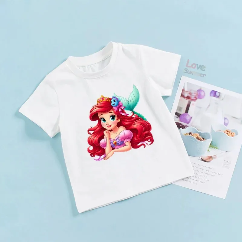 겨울왕국 엘사 공주 아리엘 라푼젤 소녀 여름 짧은 소매 어린 소녀 7-13세 생일 어린이 티셔츠  어린이 선물