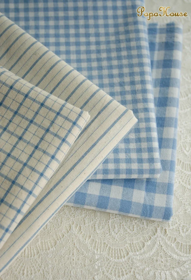 Retro Vintage Red Blue Linen Grid Striped Woven Cotton Fabric for Sewing and Home Décor