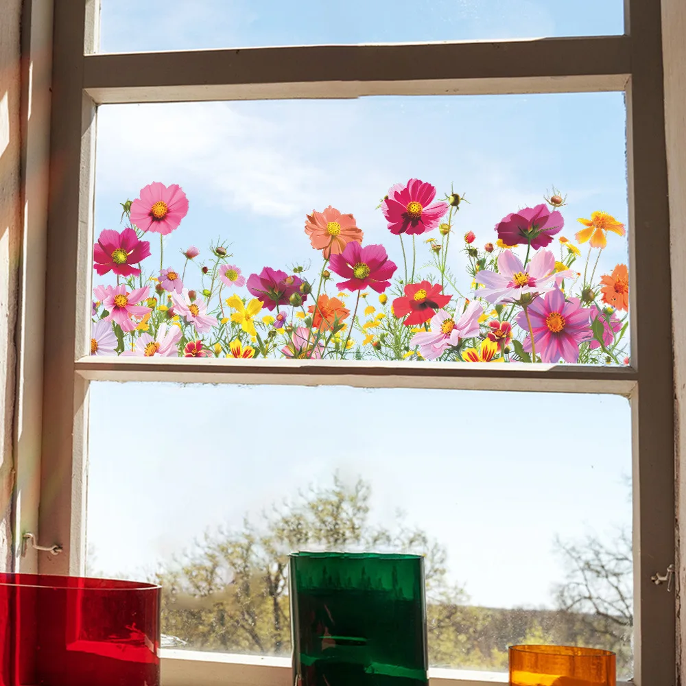 Colorful Flowers Wall Stickers Glass Windows Decor Mural Transparent Room Window Home Decoration Self-adhesive Decals
