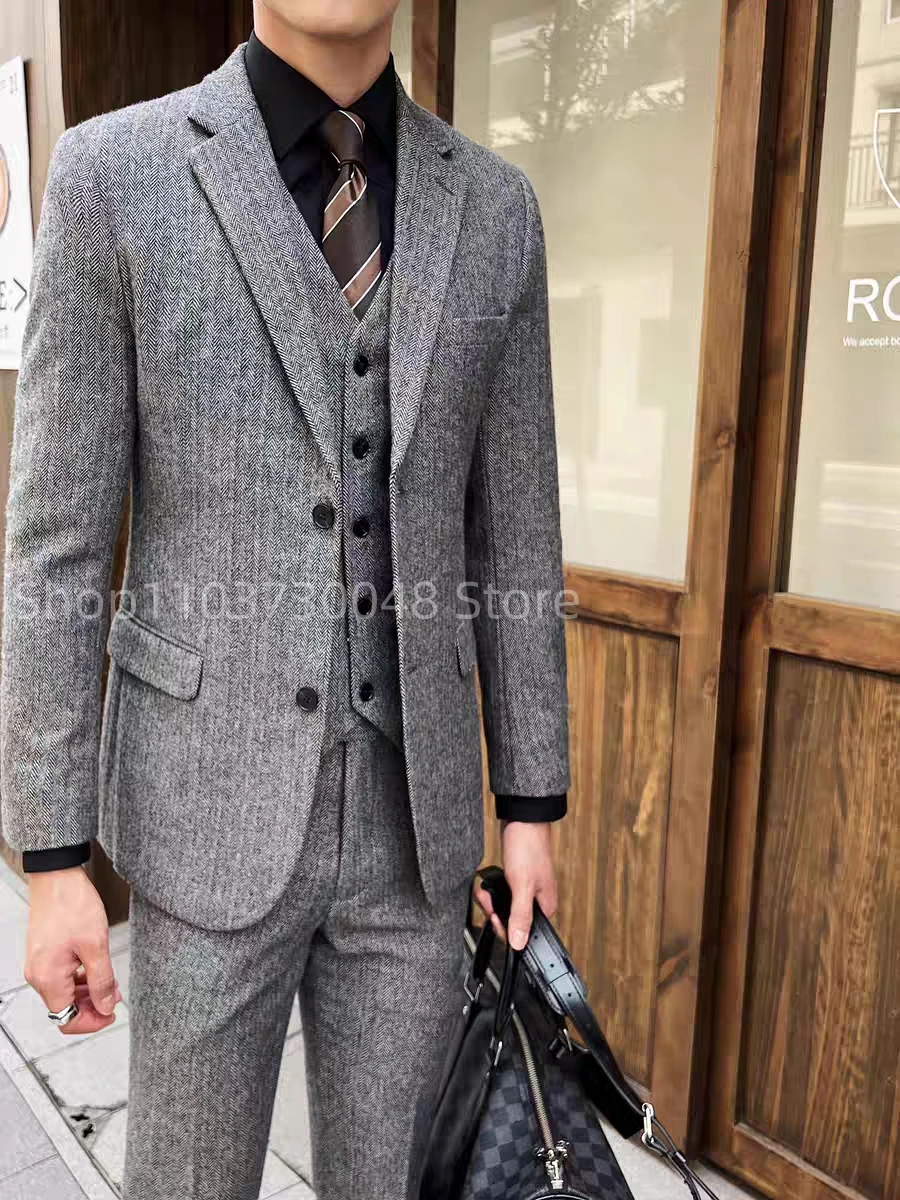 Slim Fit Grey Mens Tweed Herringbone Wedding Suits Prom Groom Tuxedos 3 Piece Notch Lapel Blazer+Vest+Pants Tweed for Business