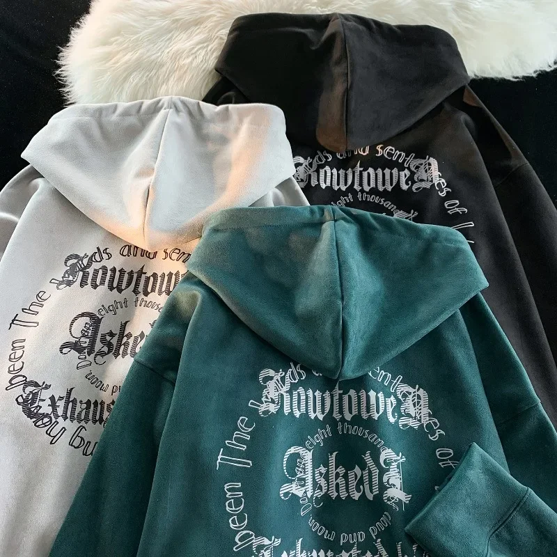 

Gothic High Street Letter Print Hooded Sweatshirt Men 2024 Spring Autumn Hoodie Couple Hip Hop Loose Zipper Hoodies