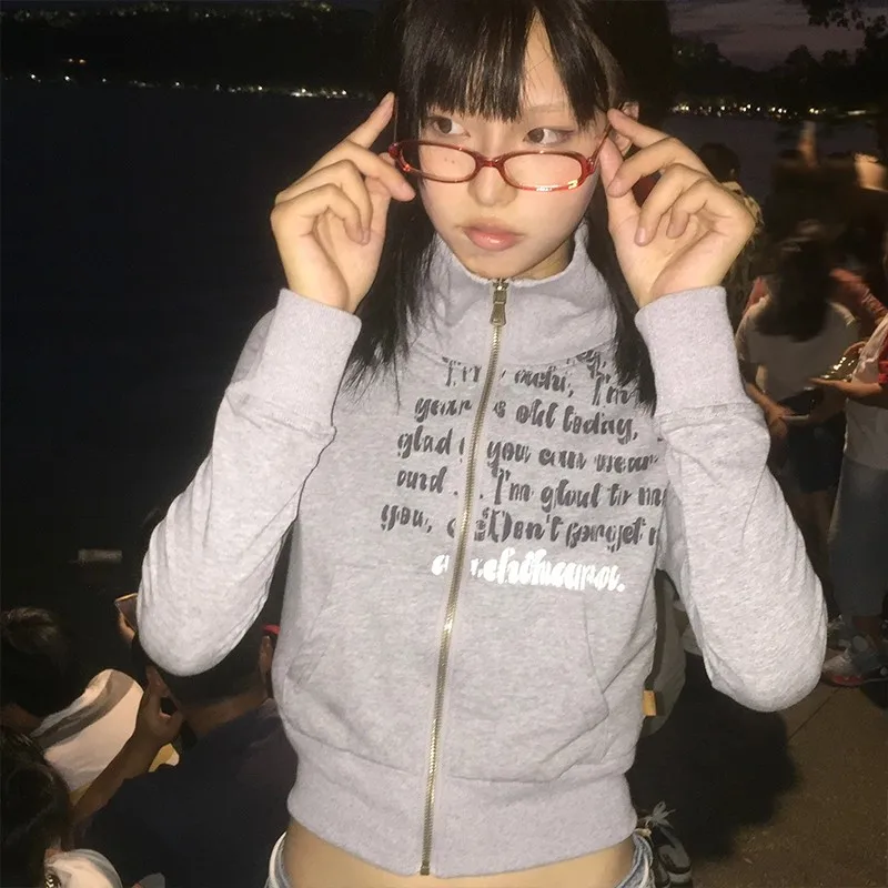 Karrram Japanese Y2k Cropped Jacket Vintage Harajuku Short Coat American Retro Letter Print Zipper Sweatshirt Grunge Outerwear 4