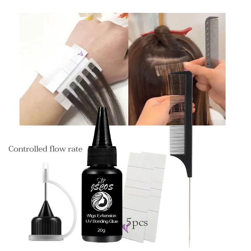 5pcs Kit 20g UV Wigs Extension glue UV Light Hair Extensions System Set Wig Hair Glue Extension Controlled Flow Rate Cap KIt