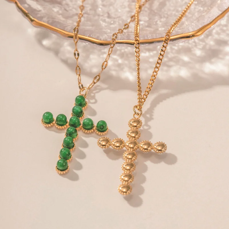 

ALLNEWME Retro White Pearl Green Natural Stone Cross Pendant Necklaces Women Man Unisex 18K Gold Plating Stainless Steel Choker