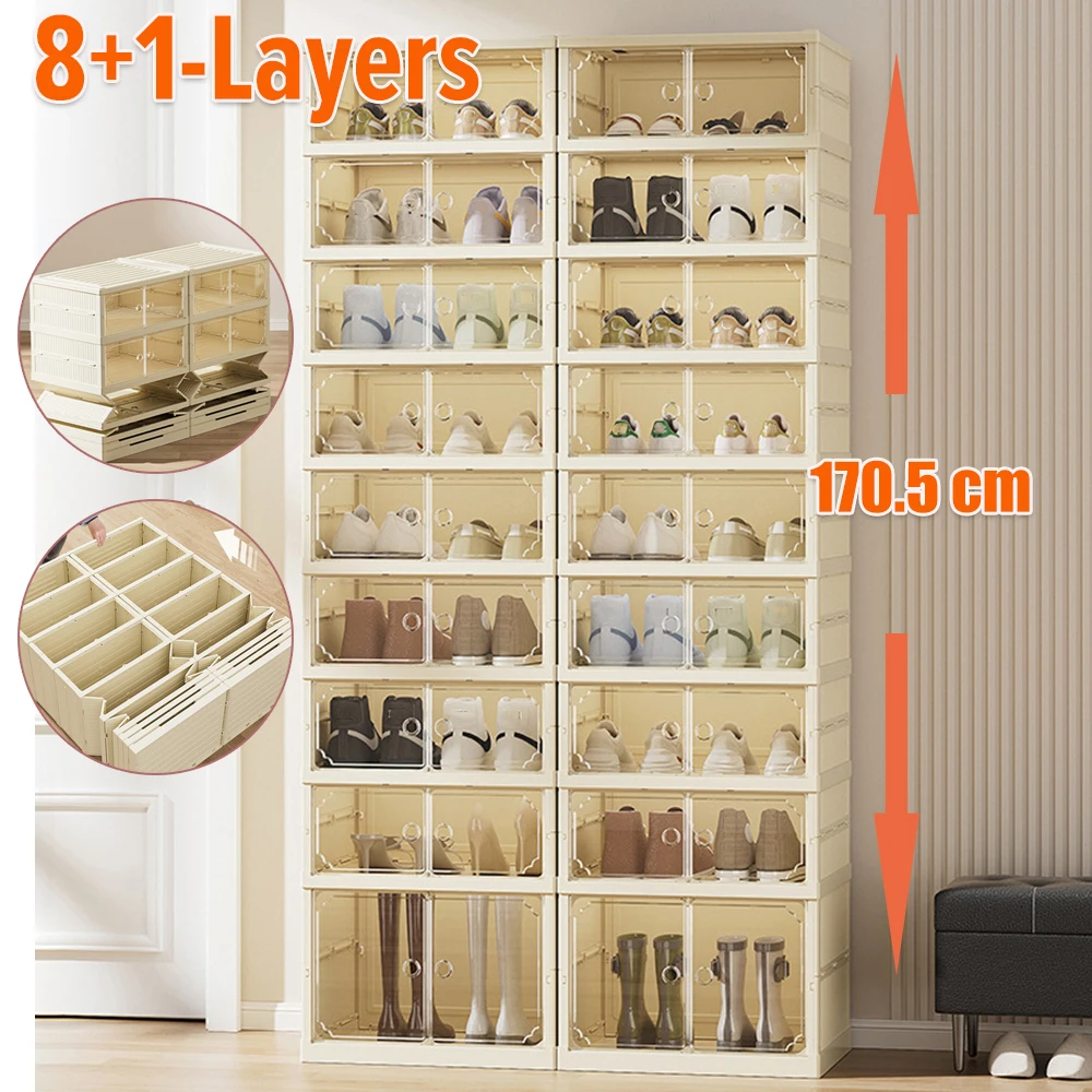8+1 Layers Foldable Shoes Box Thickened Plastic Sneaker Shoe Storage Box Dustproof Stackable Cabinet Shoe Organizers Rack Shelf