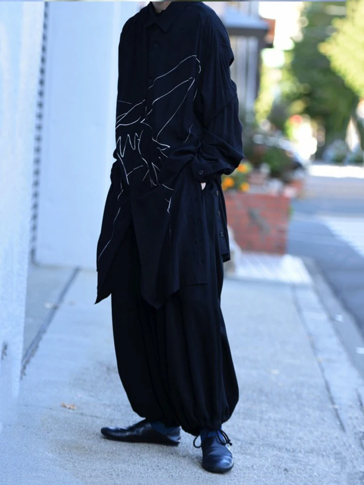 

YamamotoStyle 2024 New Black Shirt Hand-Painted Pattern Angel'S Embrace Casual Mid-Length Shirt Black Shirt Set