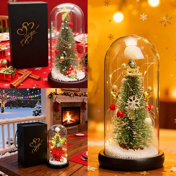 1Pc Christmas Tree in Glass Dome, Christmas Decoration Tabletop Xmas Tree with Lights Battery Powered Bedside Decor Xmas Gift
