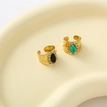  Stainless Steel Simple Fashion Opening Rings for Women Trendy Gold Plated Natural Stone Inlay Ring Party Jewelry Accessories 1Pc 