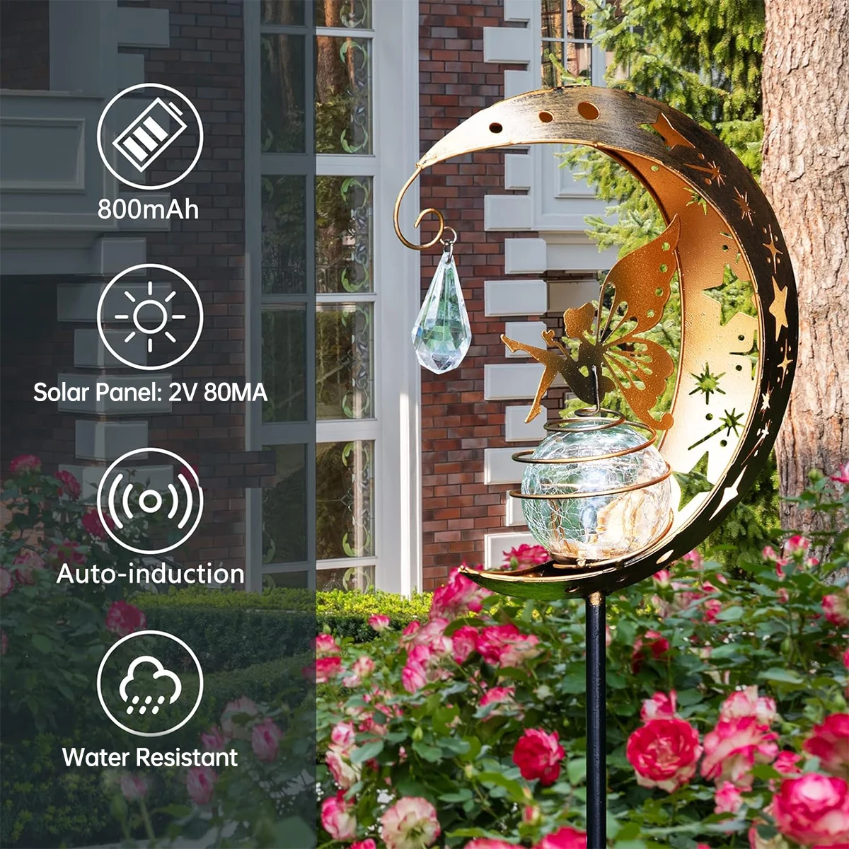 Solar Decoration Light Moon Fairy Lamp Outdoor Garden Crackle Glass Globe with Angel Pathway Stake Light Solar Grdound