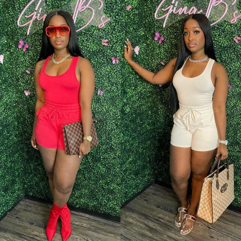 

2023 Summer Fashion Two Piece Sexy Women's Vest Shorts Lace Up Casual Set