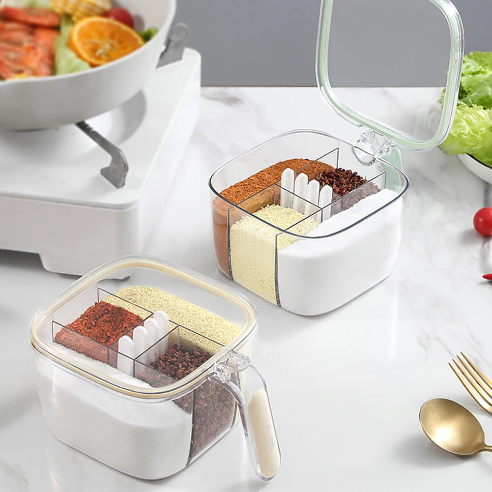 Clear Seasoning Box Set of 4 Crystal Seasoning Storage Container with Spoon Clear Rack Spice Pots for Pepper Spice