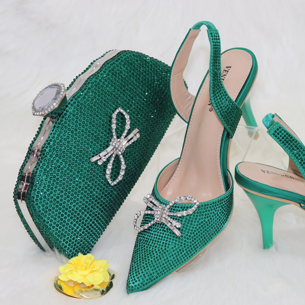 

Elegant Italy's New Hollow Design High-shine Rhinestone High-heeled Shoes Green Color Banquet Women's Shoes And Party Bags