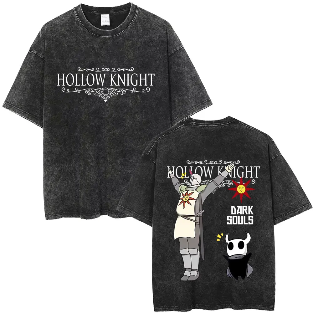 Washed Vintage Game Hollow Knight Double Sided Print T-shirt Men Women Fashion Casual T-shirts Oversized Short Sleeve T Shirts