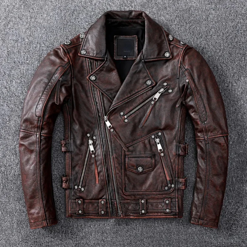 

Natural Men Genuine Cowhide Jackets Vintage Brown Motorcycle Leather Jacket Autumn Slim Fit Biker Ooblique Zipper Coat