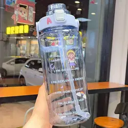 Large Capacity 2L Sports Water Bottle with Straw and Time Marker - 2L (Blue)