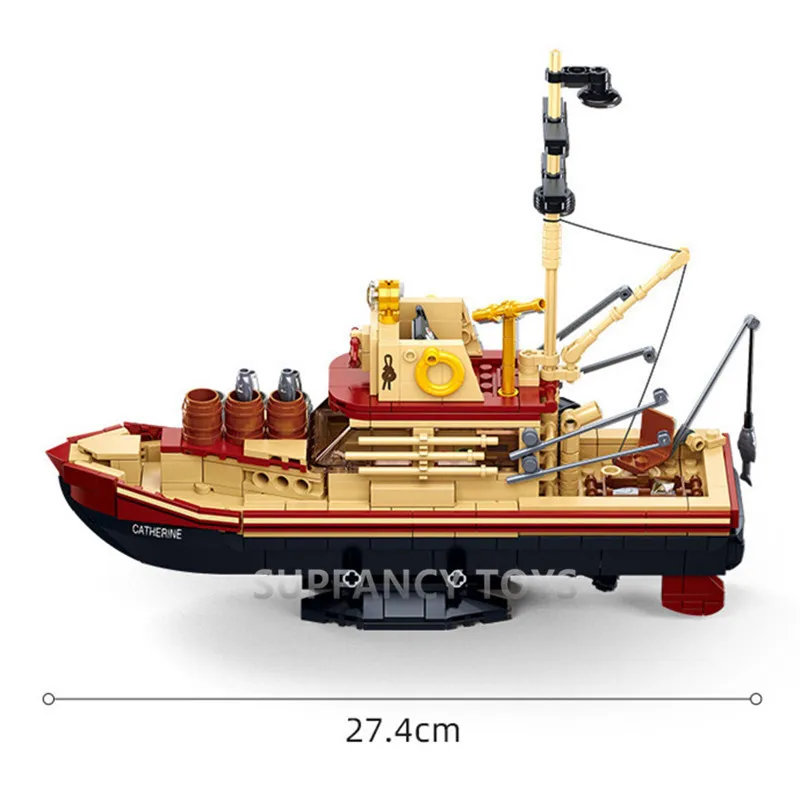 NEW City Fishing Boat Vessel Trawlboat Model Building Blocks Pirate Ship  Sea Fisher White Shark Figures MOC Toys for Children