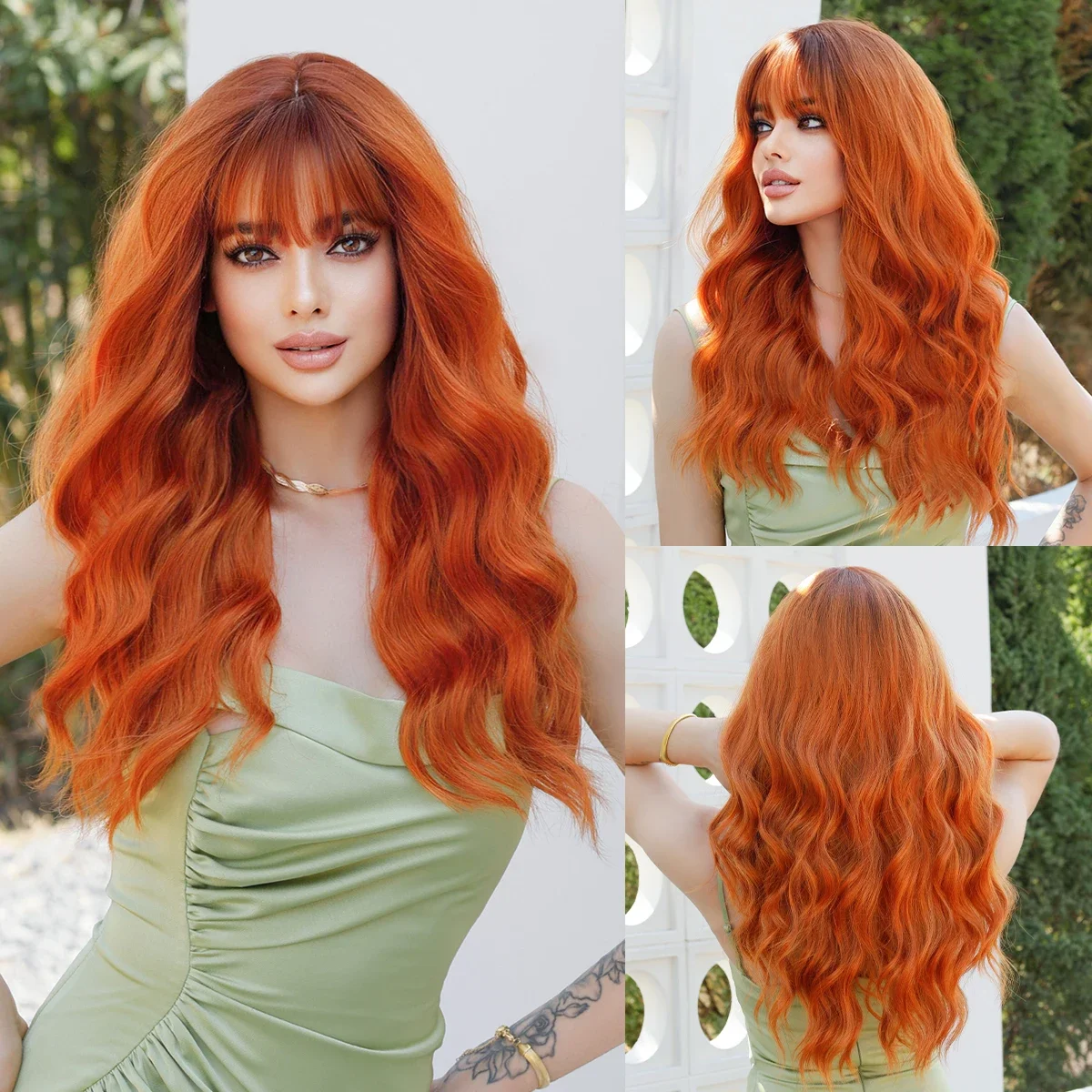 

13Style Long Middle Part Orange Wavy Wig for Women’s Daily Party Ombre Lavender Hair Black top dye Wigs Heat Resistant Fiber