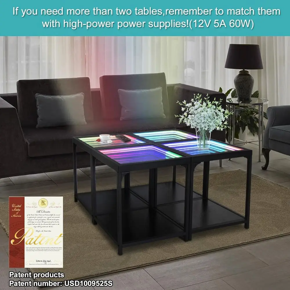 3D Infinity Illusion Mirror Table for Living Room, RGB LED Side Table with Tunnel Light, Futuristic Decor for Bedroom or Party