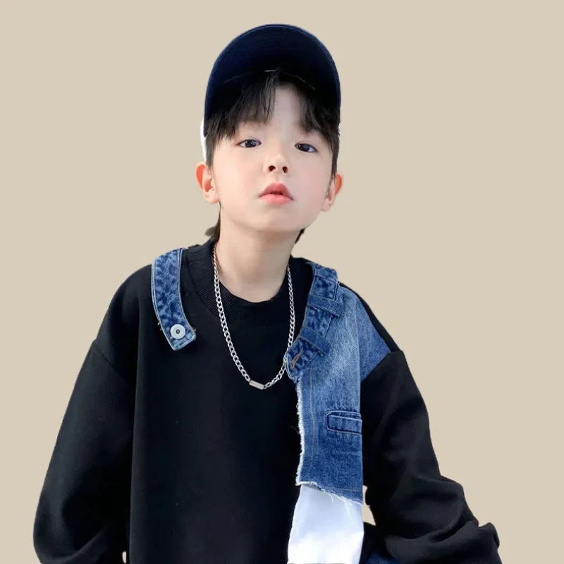 Boy Denim Sweatshirt Stitching Denim Outerwear For Kids Children Pullover 2024 Spring Autumn Teenager Windbreaker Korean Version