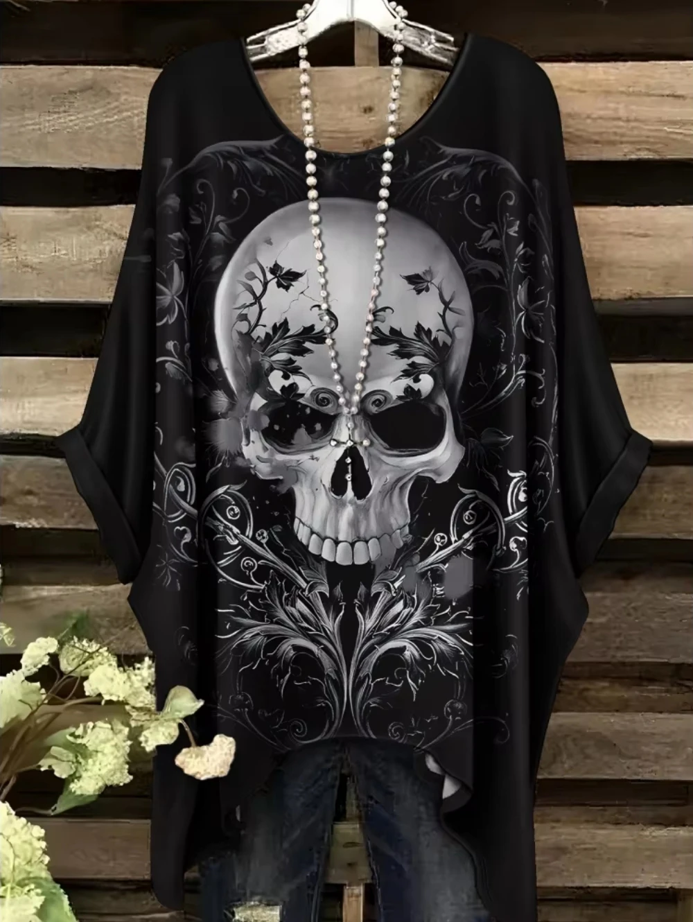 ตัวเลือกสินค้า เสื้อยืดโอเวอร์ไซส์สไตล์ Y2K ลายหัวกะโหลกโบฮีเมียน