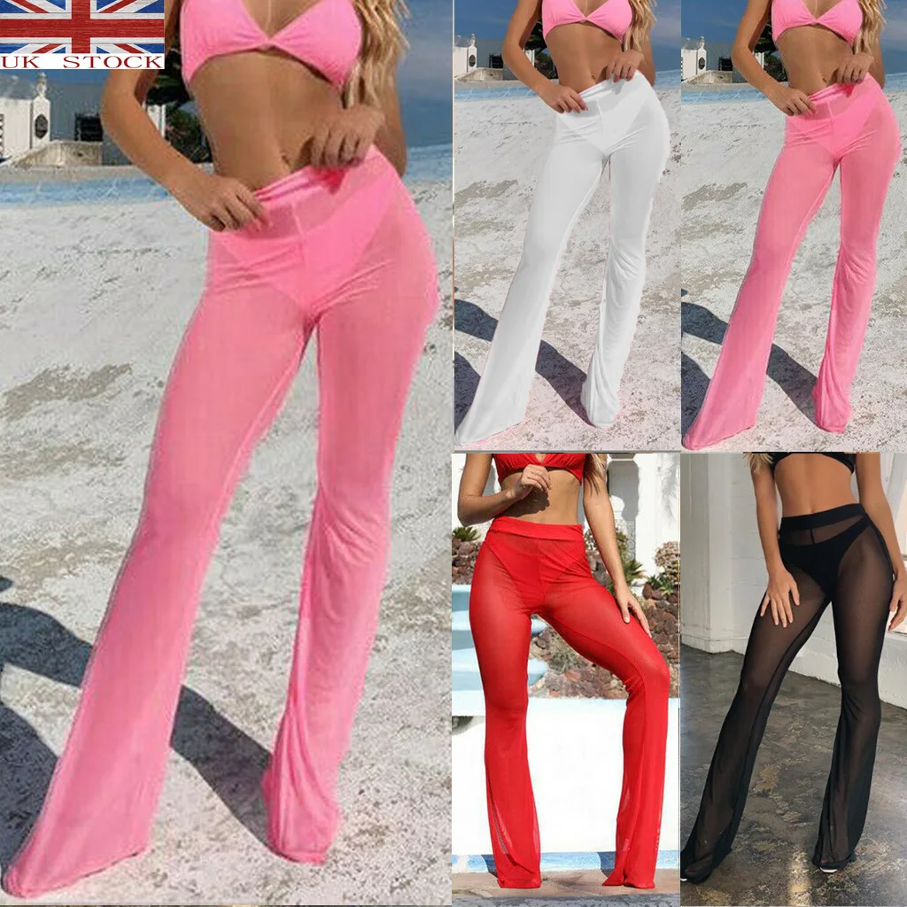 

Women Sexy Beach Sheer Mesh See Through Transparent High Elastic Waist Bikini Cover Up Swimwear Bell Bottom Flare Pants Trousers