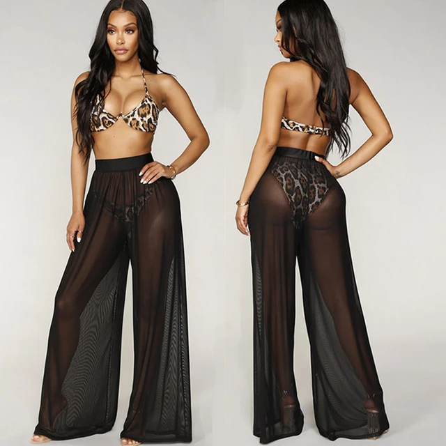 Womens Transparent Wide Leg Pants Boho Beach Mesh Sheer Cover Up Trousers  Loose Pants Wide Leg