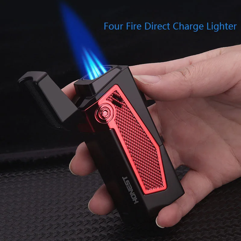 

HONEST Four Direct Blue Flame Metal Outdoor Windproof Turbine Cigar Lighter Butane Gas Large Fire Torch Lighter Men's Gift