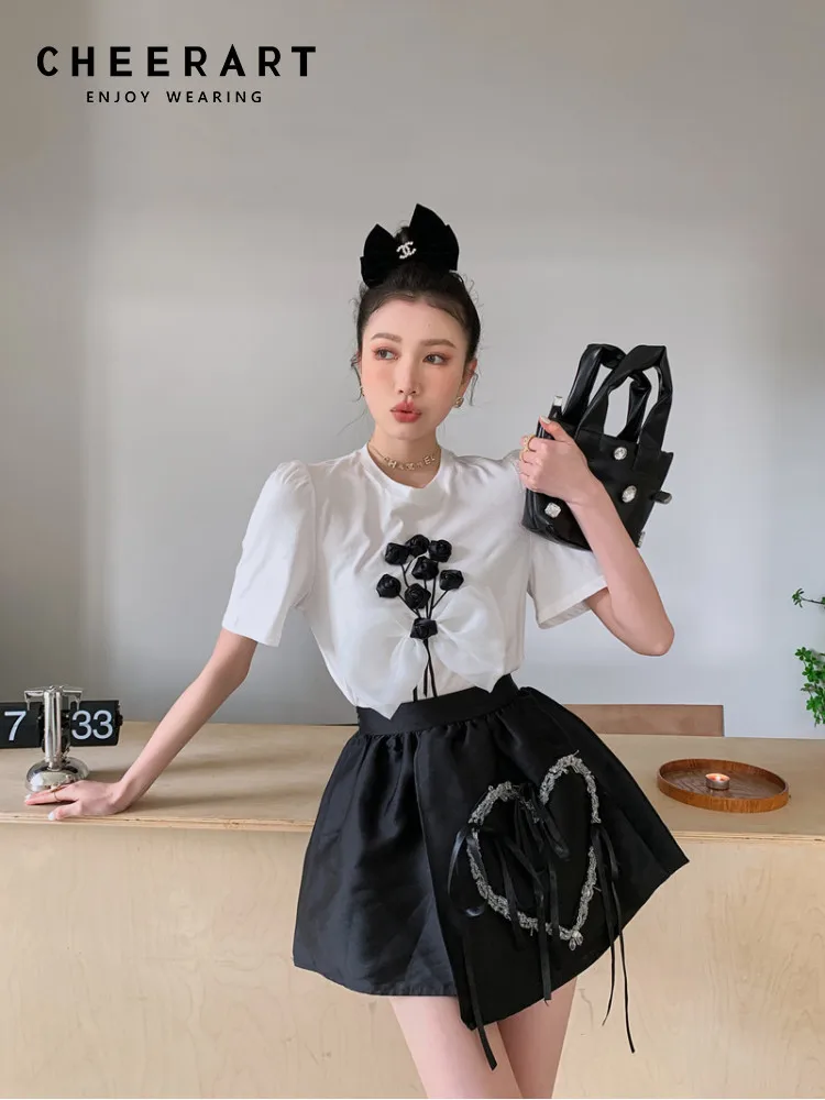 

CHEERART Puff Sleeve Short Sleeve Tees White T Shirt Women Designer Cute Top Flowers Patch Korean Fashion Kawaii Tshirt Clothing