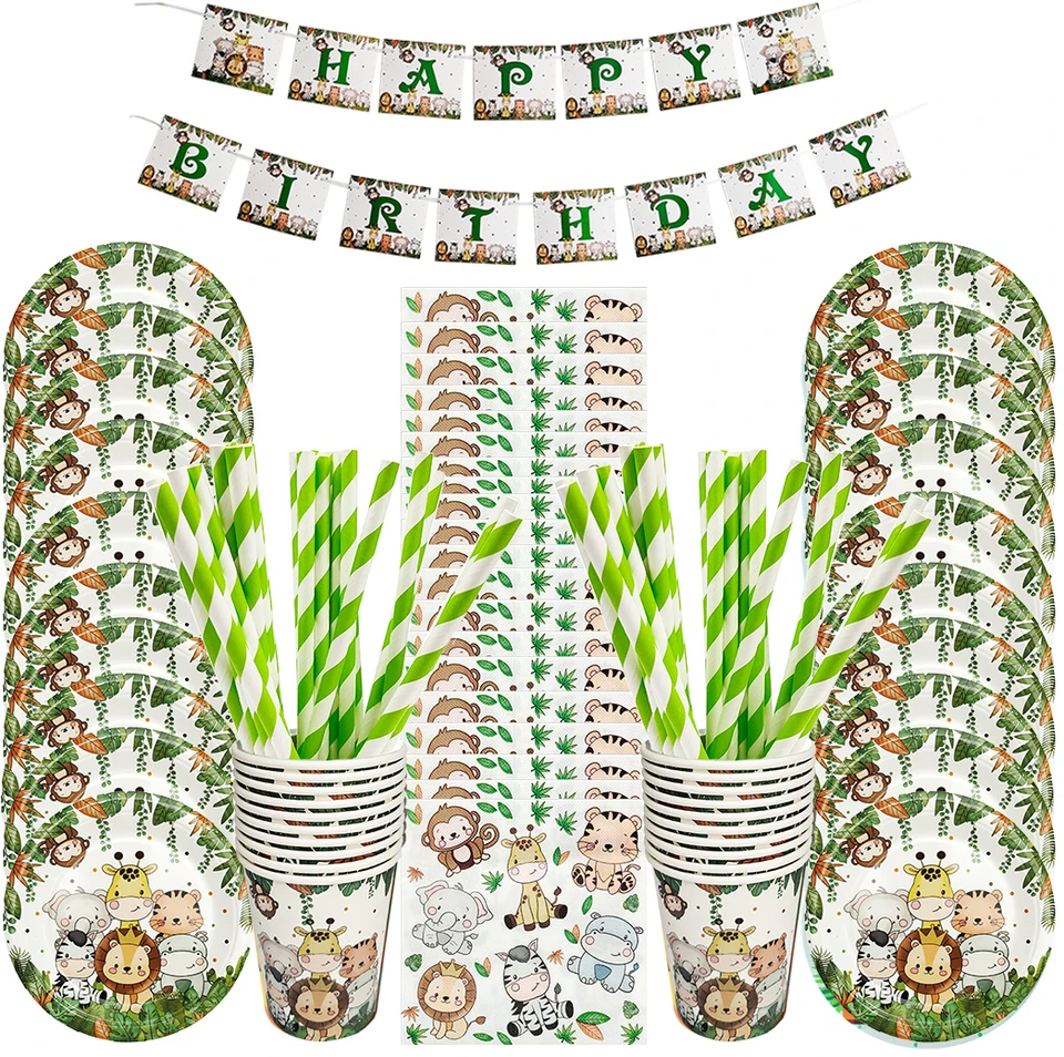 Safari Jungle partyservies voor 25 gasten, 127 stuks, papieren borden, papieren bekers, servetten, wegwerprietjes, voor verjaardagsdecoratie voor jongens (groen