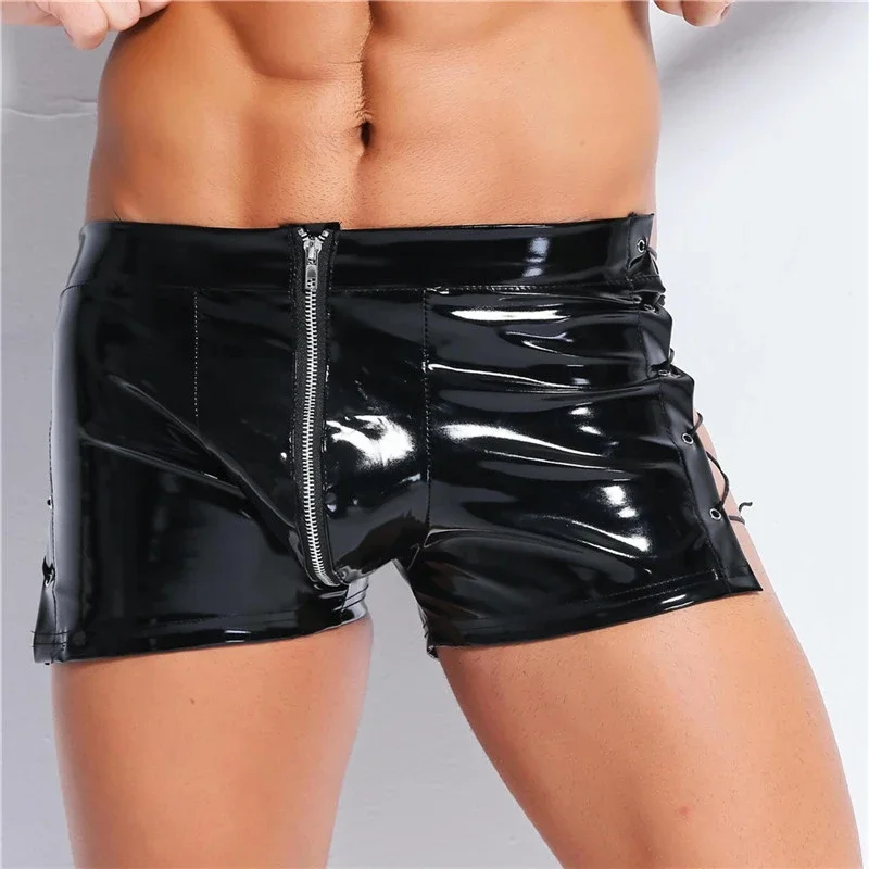 sexy lingerie Shorts Hot Men Latex PVC open crotch zipper leggings Shorts Fetish Gay Faux Leather Lace Up Short Pants clubwear
