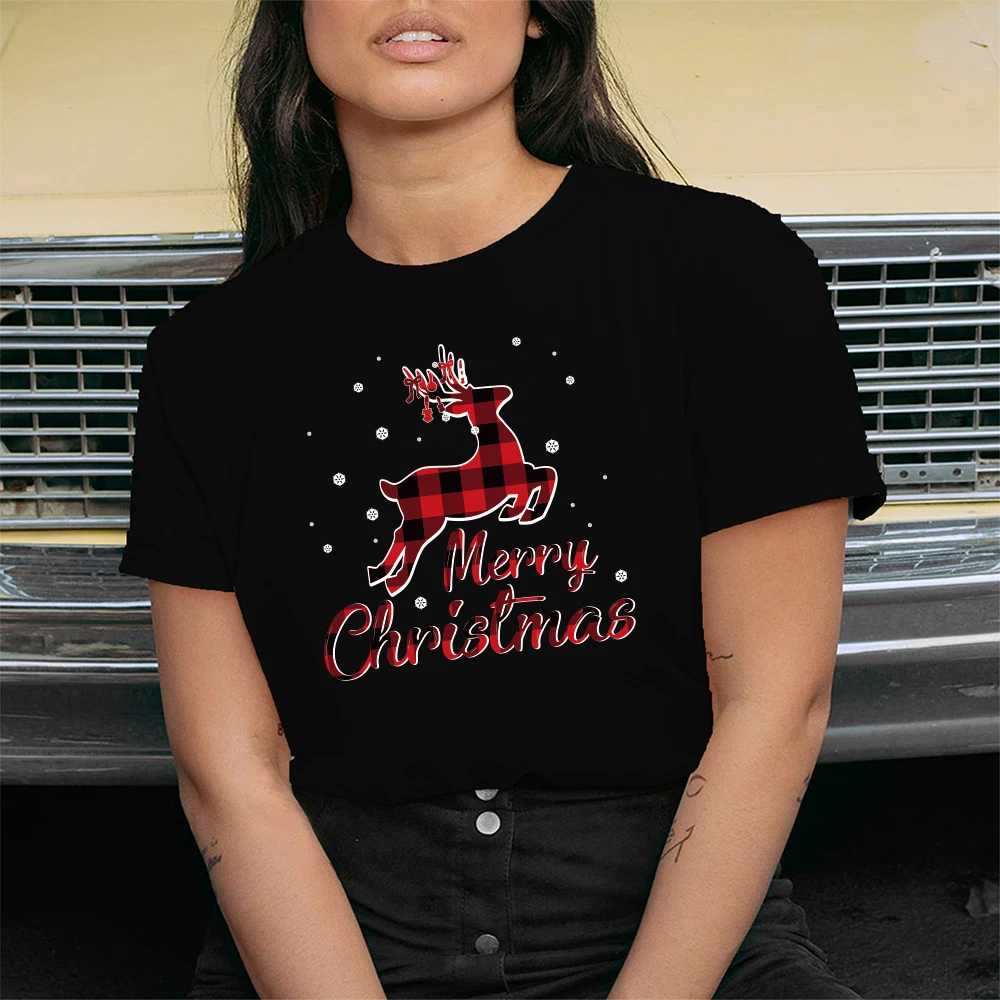 

Seeyoushy Merry Christmas Deer Printing T-shirt Women 2023 Aesthetic Clothes Fashion Woman Tee Cotton O-Neck Harajuku Top Female