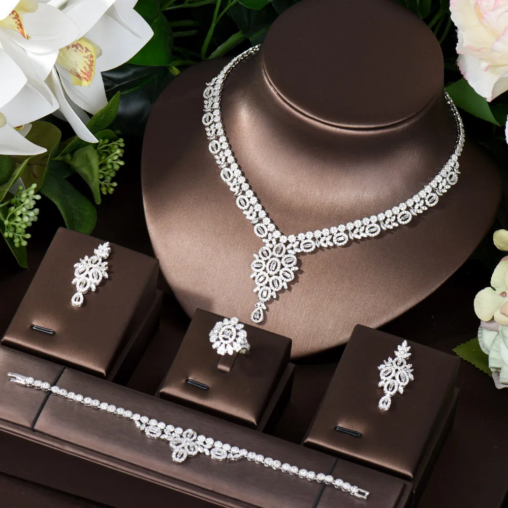 

HIBRIDE Micro Inlaid Water Drop 4PCS AAA Cubic Zirconia Necklace And Earring Set For Women Bridal Wedding Jewelry Sets N-791