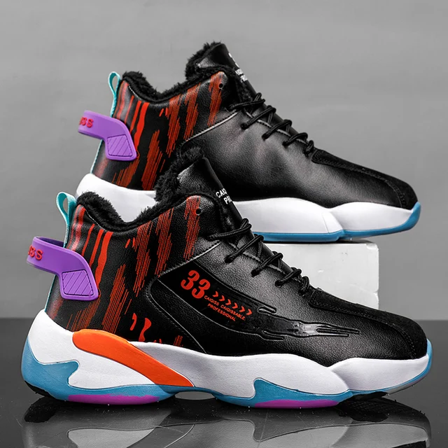 Men's Sports Basketball Shoes, Fashionable and Trendy, Classic Lace-Up Style with Wear-Resistant Soles, Couple Style Color Scheme, Providing Thick Warmth and Comfort for Casual and Outdoor Use in Autumn and Winter