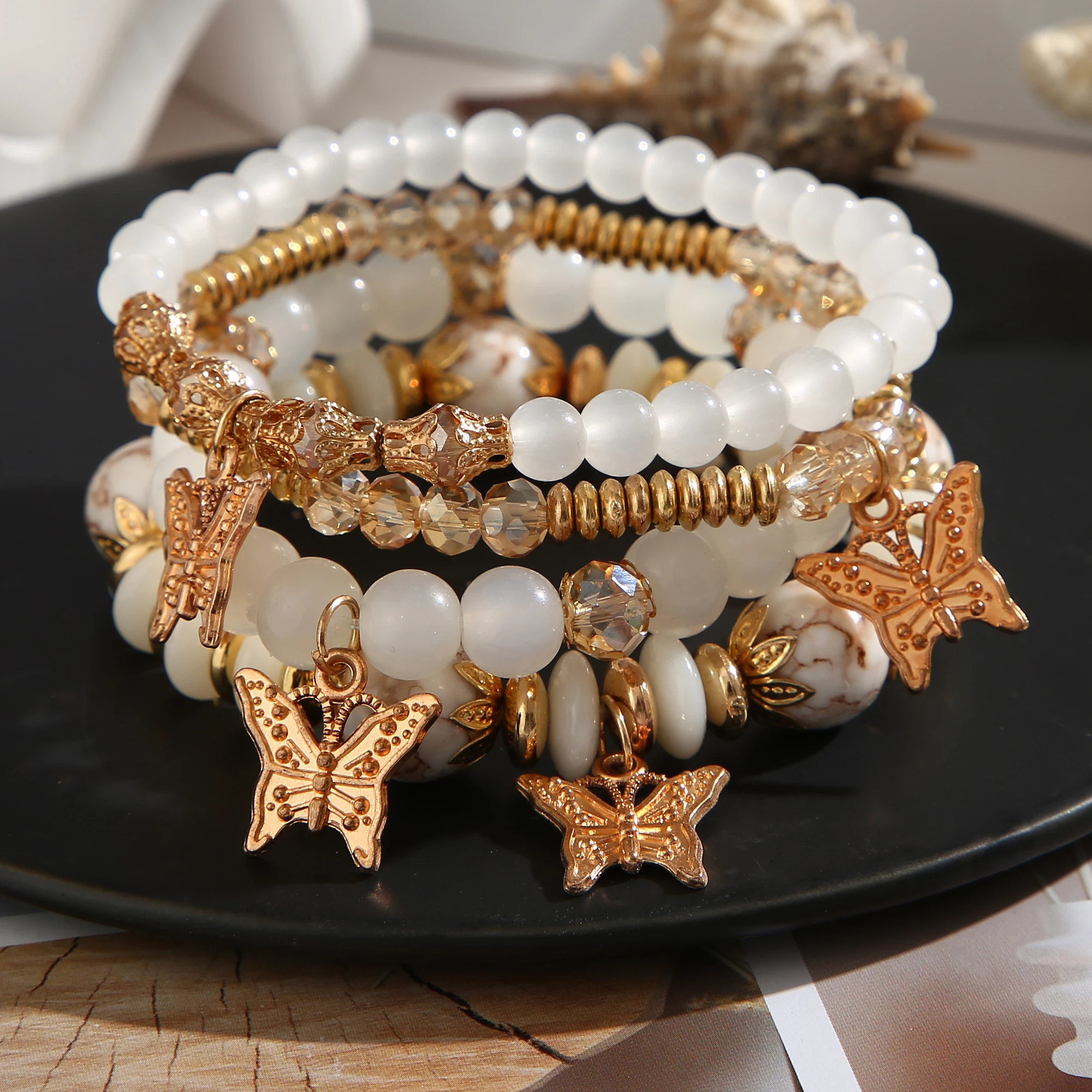 17KM Bohemian Butterfly Crystal Beads Bracelets for Women Fashion Multilayer Charm Rope Bracelet White  Pulseira Jewelry New