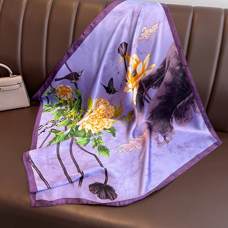 Purple Floral Print Silk Scarfs Women Men 70cm Square Scarves Female Hijab Soft Satin Neckerchief Casual Decorate Lady Neck Ties 3
