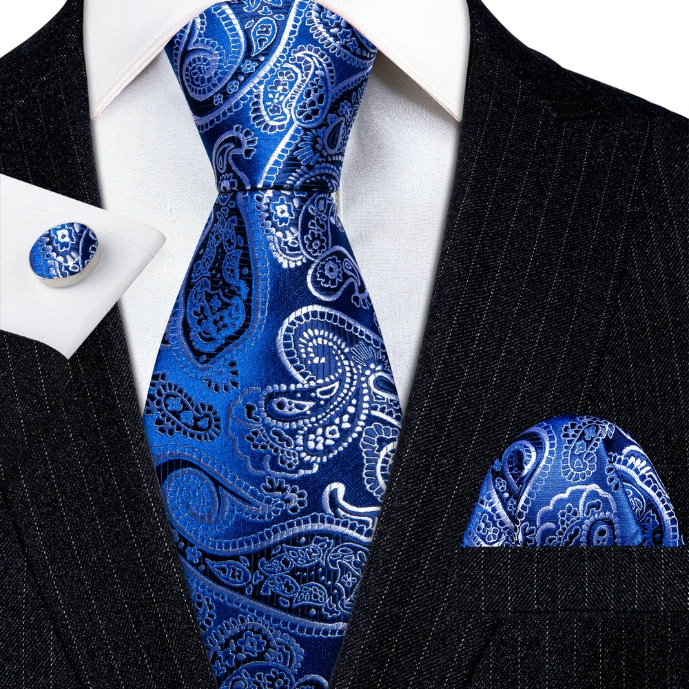 

Free Shipping Men Tie Silk Blue Silver Paisley Luxury Neck Tie Pocket Square Cufflinks Set Wedding Business Gift Barry·Wang 5932