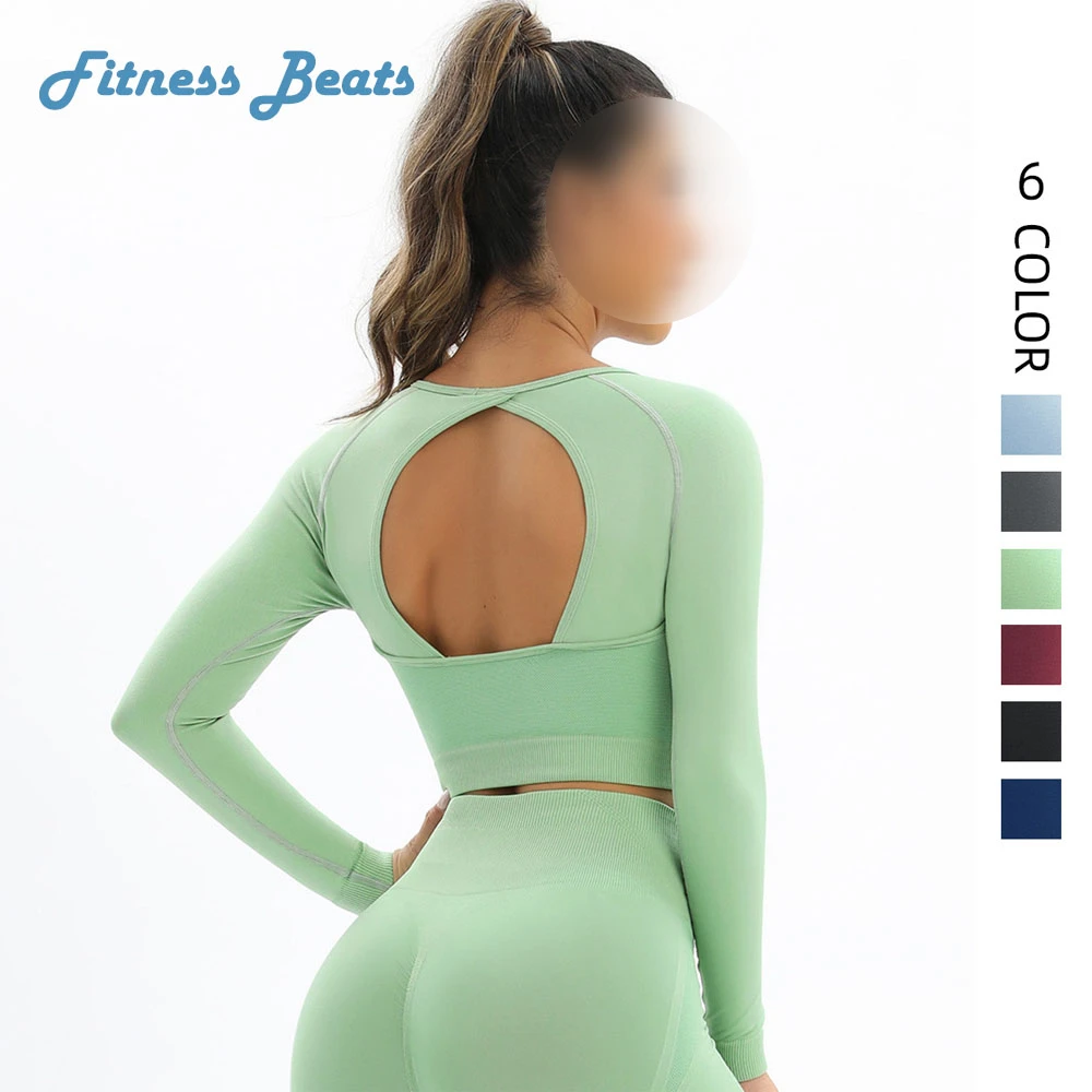 

Seamless Knitting Backless Jacquard Weave Yoga Long Sleeved Crop Top Elastic Tight Sports Running Fitness Gym Woman Sexy Outfits