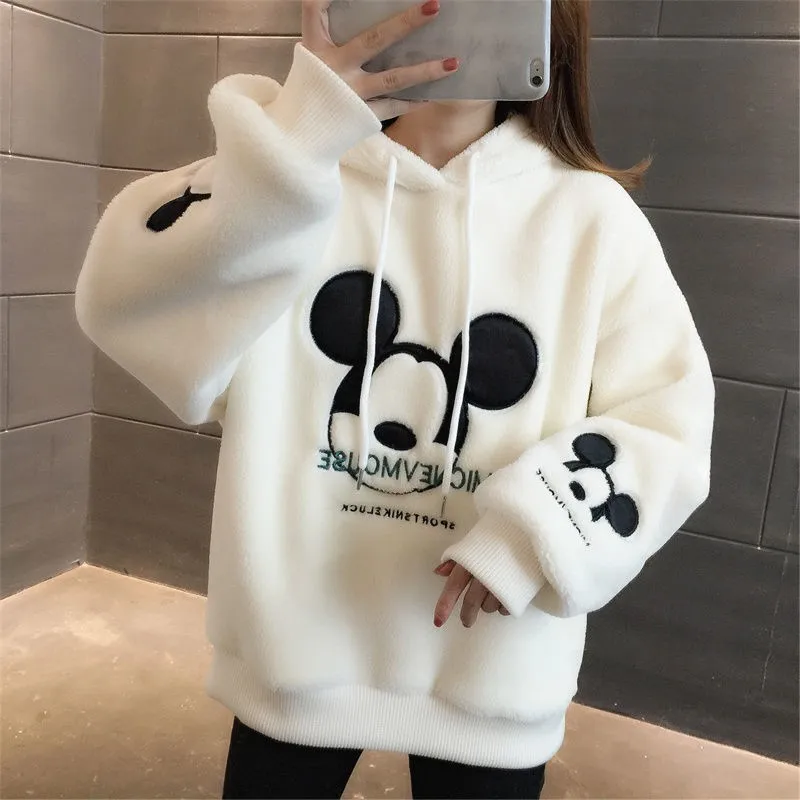 Disney Cute Mickey Minnie Mouse Hoodies Women Autumn Winter Pullover Tops Cartoons Femme Plus Velvet Clothes 3
