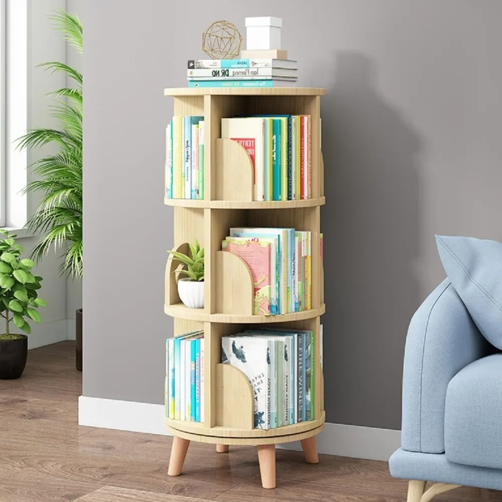 3 Tier Rotating Bookshelf with Legs Standing Kids Rotating Bookshelf Wood Bookcase Round Bookshelf 360 Display Easy Assemble 1
