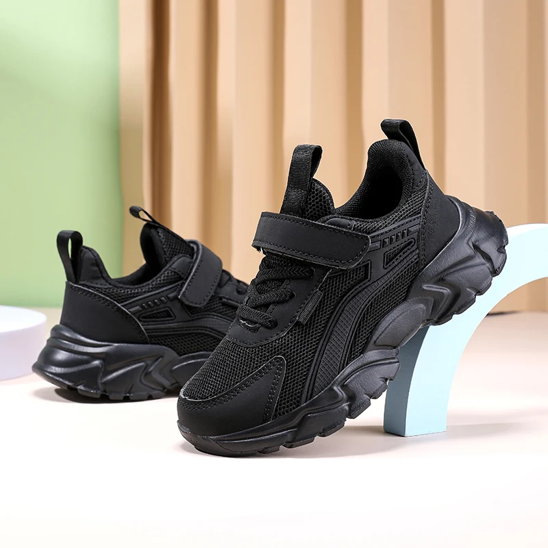 Schwarze atmungsaktive Mesh-Freizeitschuhe für Kinder für Jungen, Outdoor-Laufschuhe, weiche Sohle, für Kinder, Schule, Wandern, Sport, rutschfest – Detail 5