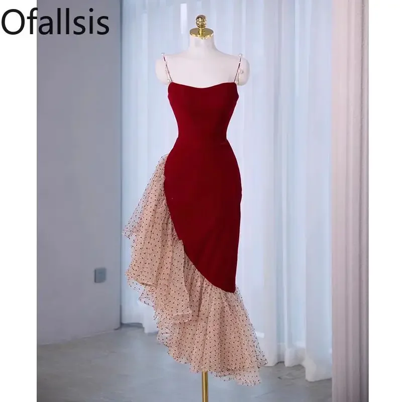 

Ofallsis Suspended Toast Spaghetti Strap Dress Bride 2023 Luxury Engagement Light Luxury Mesh Stitching High End Evening Dresses