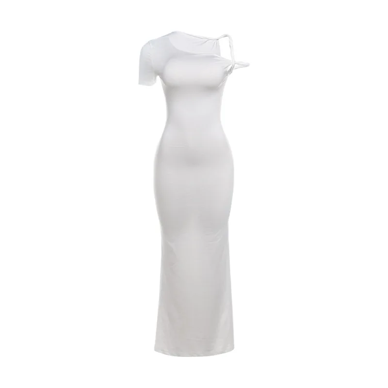 Vestidos sexis de verano para mujer, de color liso, irregulares, con cuello oblicuo, manga corta, ajustados, largos, para fiesta de noche Y2K.